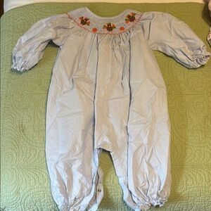 Blue Gingham Baby Romper with Embroidered Flowers